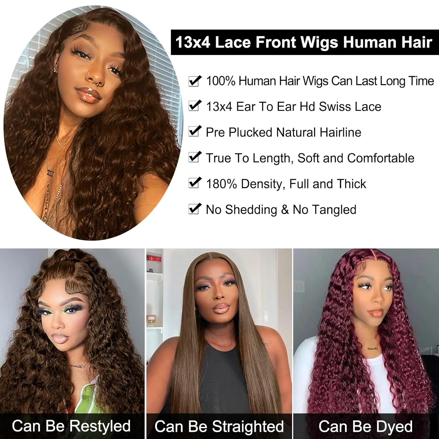 26 Inch Chocolate Brown Deep Wave Lace Front Wigs Human Hair 180 Density 4# 13x4 HD Lace Frontal Wigs Curly Human Hair Brown Glueless Wig For Women Pre Plucked with Natural Hairline