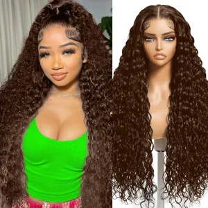 26 Inch Chocolate Brown Deep Wave Lace Front Wigs Human Hair 180 Density 4# 13x4 HD Lace Frontal Wigs Curly Human Hair Brown Glueless Wig For Women Pre Plucked with Natural Hairline