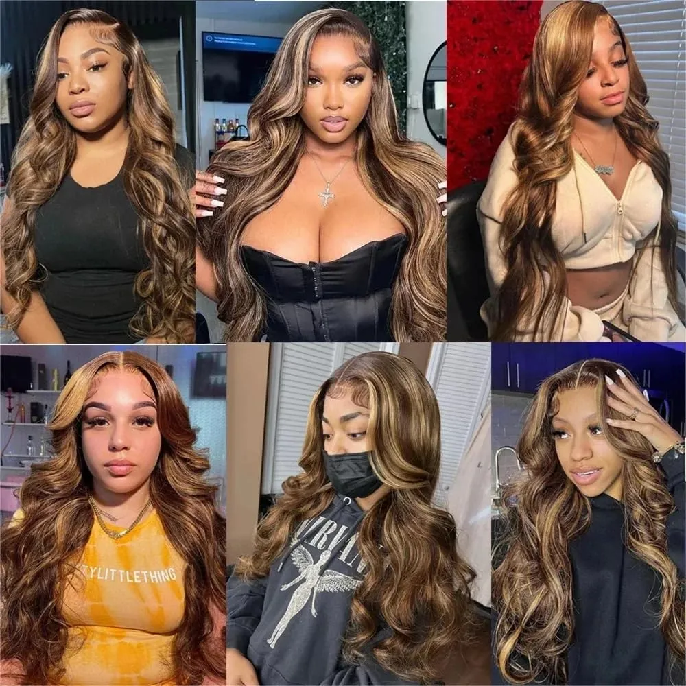 26 Inch Ombre Lace Front Wigs Human Hair 4/27 Body Wave Honey Blonde Wig Human Hair 13x4 HD Lace Front Wigs 180% Density Colored Highlight Lace Front Wig for Women