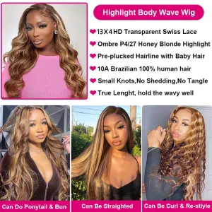 26 Inch Ombre Lace Front Wigs Human Hair 4/27 Body Wave Honey Blonde Wig Human Hair 13x4 HD Lace Front Wigs 180% Density Colored Highlight Lace Front Wig for Women