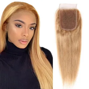 #27 Honey Blonde Lace Closure 4X4 HDTransparent Lace Front 16 Inch Brazilian Virgin Hair Free Part Pre Plucked 100% Blonde Straight Lace Closure Human Hair Extensions