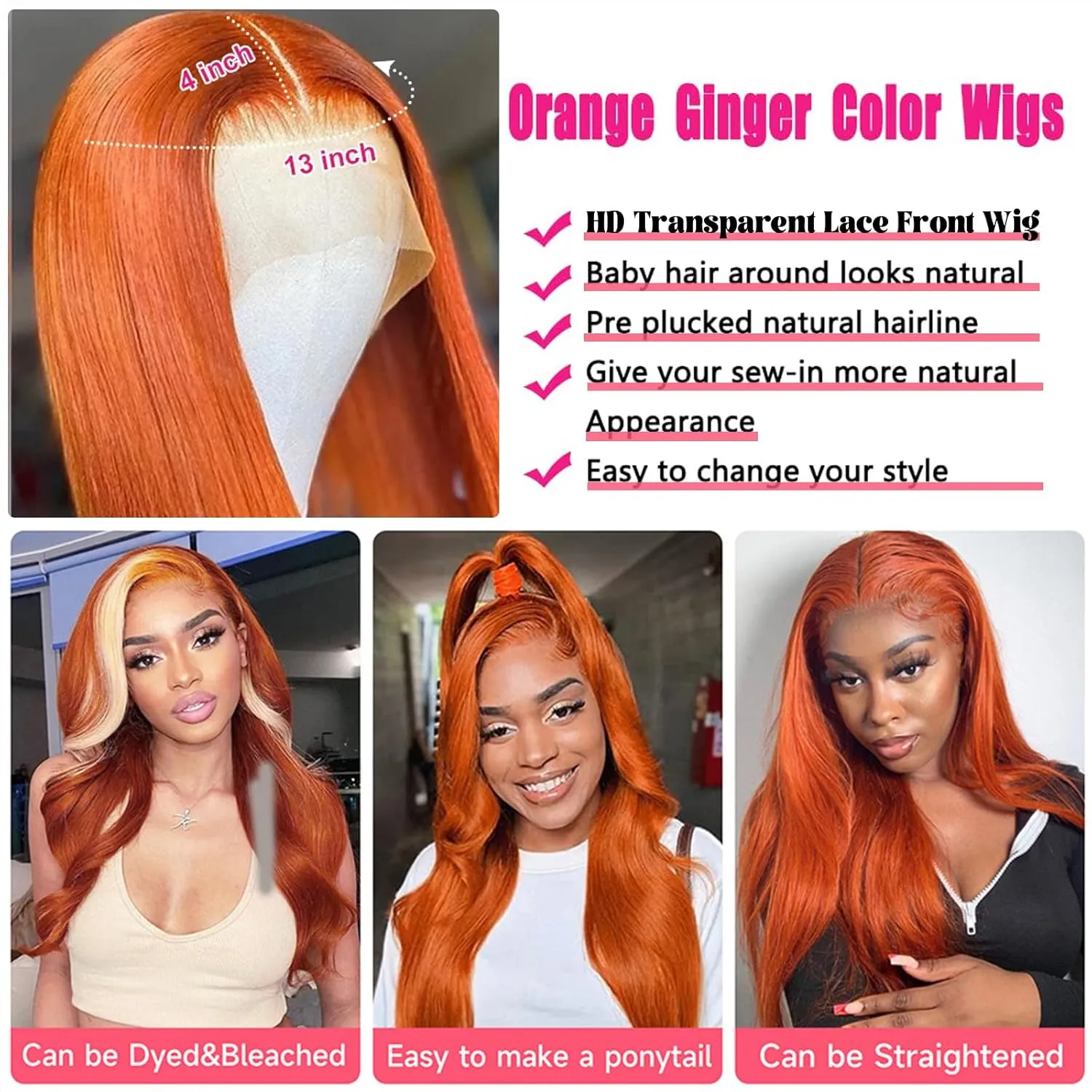 28-Inch #350 Ginger Orange Lace Front Wigs for Women - Pre-Plucked Straight 13x4 HD Lace Frontal Ginger Lace Front Human Hair Wig with Baby Hair - 180% Density