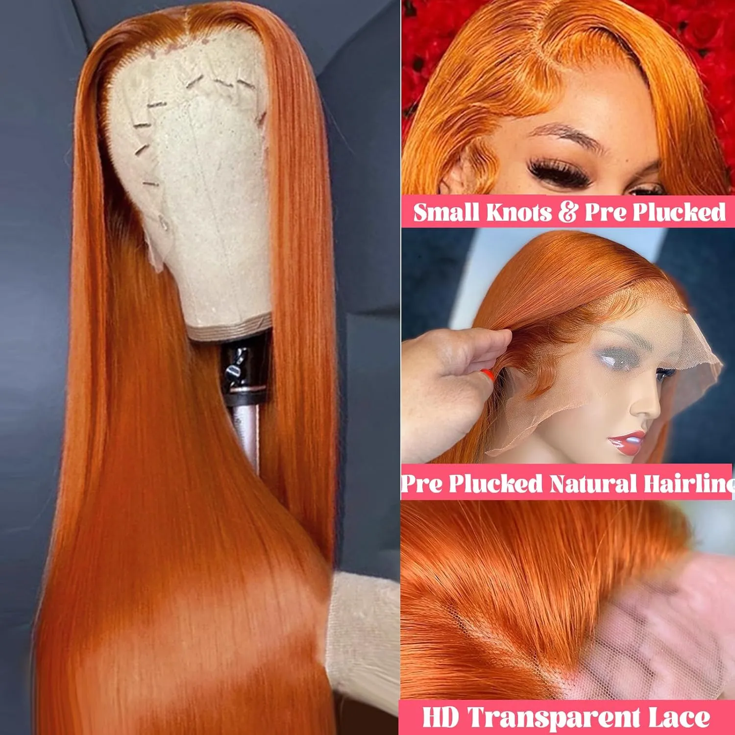 28-Inch #350 Ginger Orange Lace Front Wigs for Women - Pre-Plucked Straight 13x4 HD Lace Frontal Ginger Lace Front Human Hair Wig with Baby Hair - 180% Density