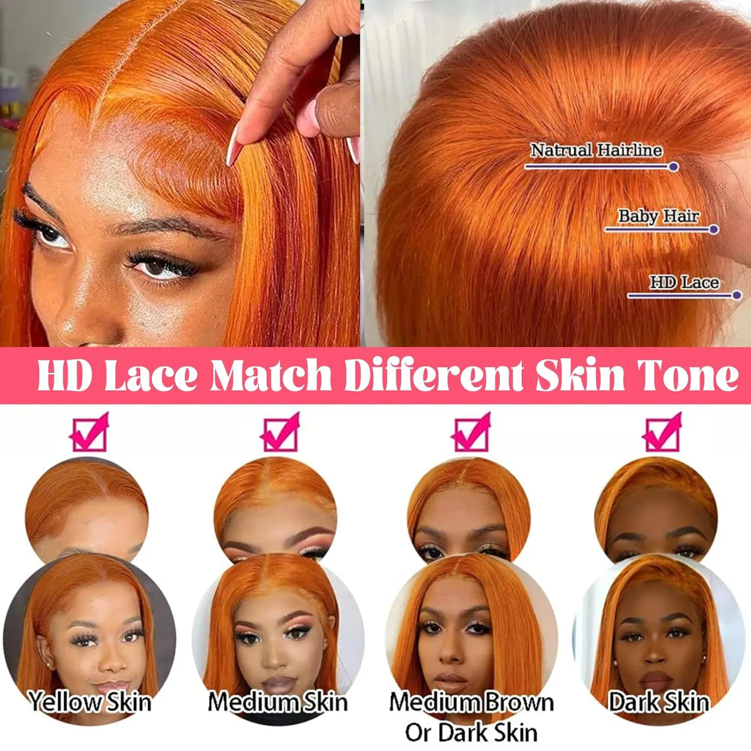 28-Inch #350 Ginger Orange Lace Front Wigs for Women - Pre-Plucked Straight 13x4 HD Lace Frontal Ginger Lace Front Human Hair Wig with Baby Hair - 180% Density