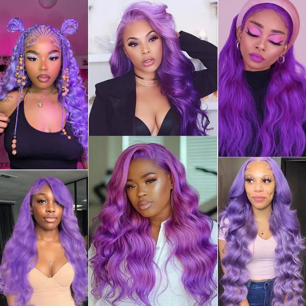 28 Inch Purple Lace Front Wigs Human Hair - 13x4 Colored Lace Front Wigs Human Hair Pre Plucked Body Wave 200 Density with Baby Hair Purple Wig