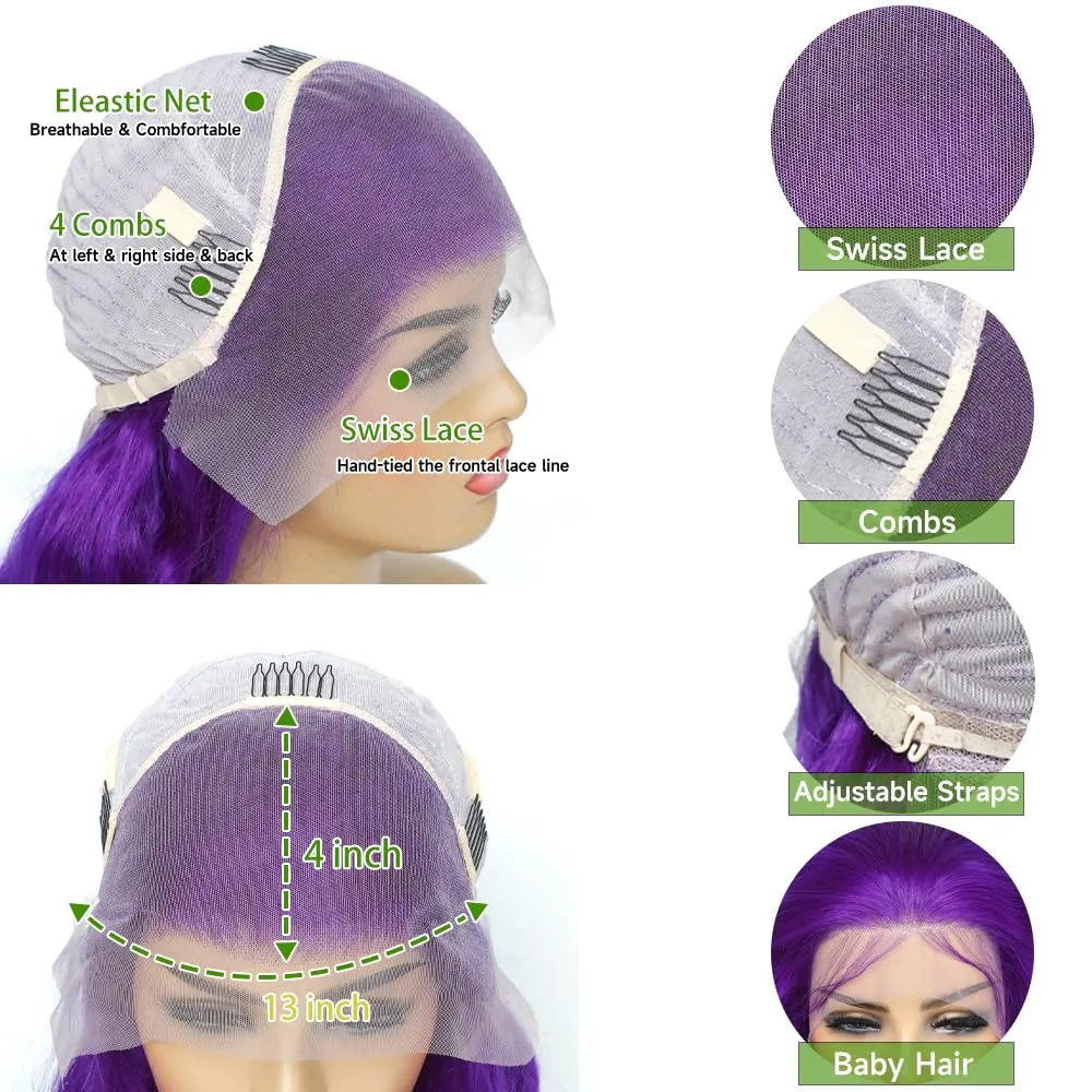 28 Inch Purple Lace Front Wigs Human Hair - 13x4 Colored Lace Front Wigs Human Hair Pre Plucked Body Wave 200 Density with Baby Hair Purple Wig