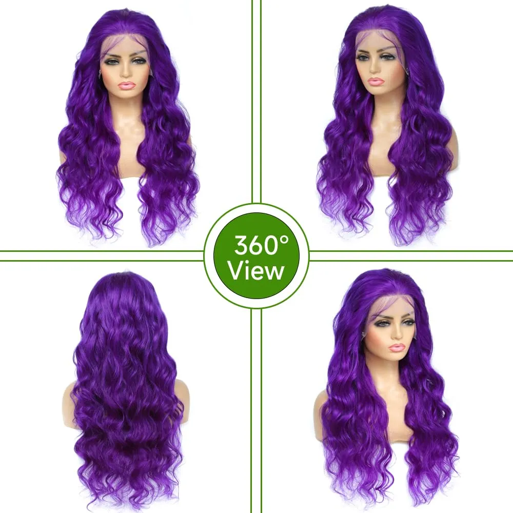 28 Inch Purple Lace Front Wigs Human Hair - 13x4 Colored Lace Front Wigs Human Hair Pre Plucked Body Wave 200 Density with Baby Hair Purple Wig