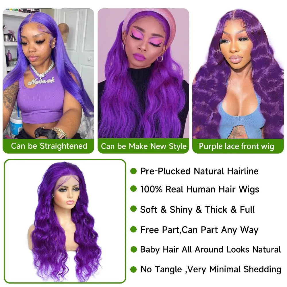 28 Inch Purple Lace Front Wigs Human Hair - 13x4 Colored Lace Front Wigs Human Hair Pre Plucked Body Wave 200 Density with Baby Hair Purple Wig