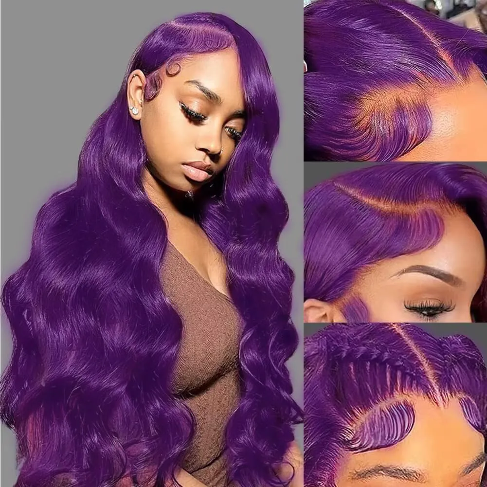 28 Inch Purple Lace Front Wigs Human Hair - 13x4 Colored Lace Front Wigs Human Hair Pre Plucked Body Wave 200 Density with Baby Hair Purple Wig