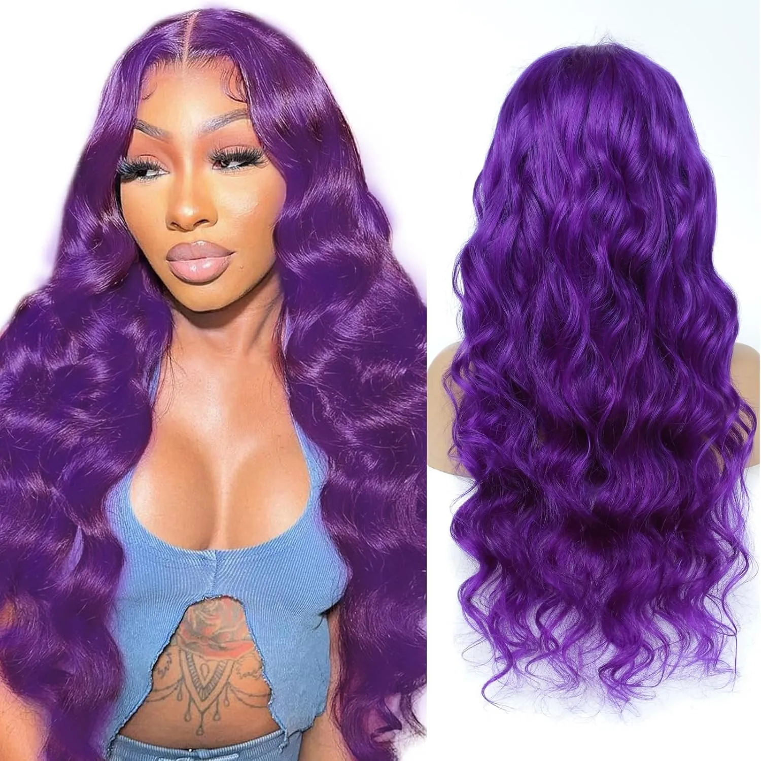 28 Inch Purple Lace Front Wigs Human Hair - 13x4 Colored Lace Front Wigs Human Hair Pre Plucked Body Wave 200 Density with Baby Hair Purple Wig