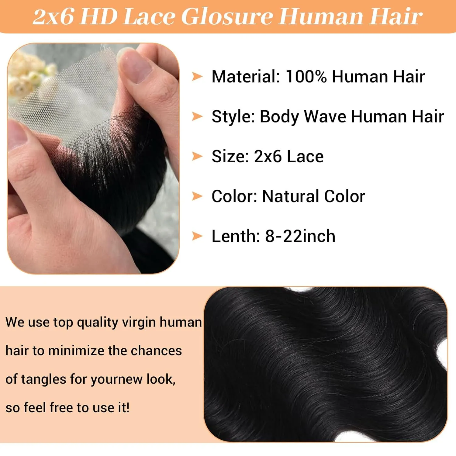 2x6 Closure Human Hair 16 Inch HD Transparent Lace 2x6 Body Wave Closure Middle Part Brazilian Human Hair Closure With Baby Hair Natural Black