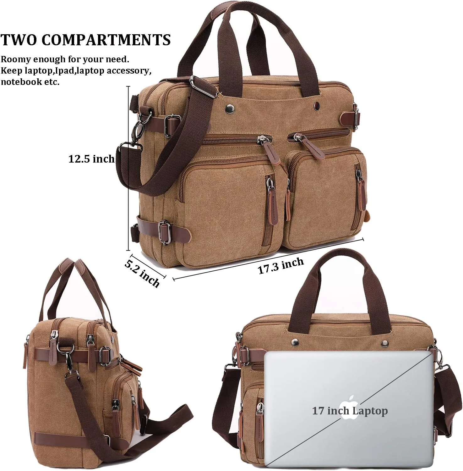 3 in 1 Convertible Laptop Backpack, 17.3 inch Messenger Bag for Men, Multi-Functional Travel Laptop Bag for College Men Women (17.3 Inch, Coffee)