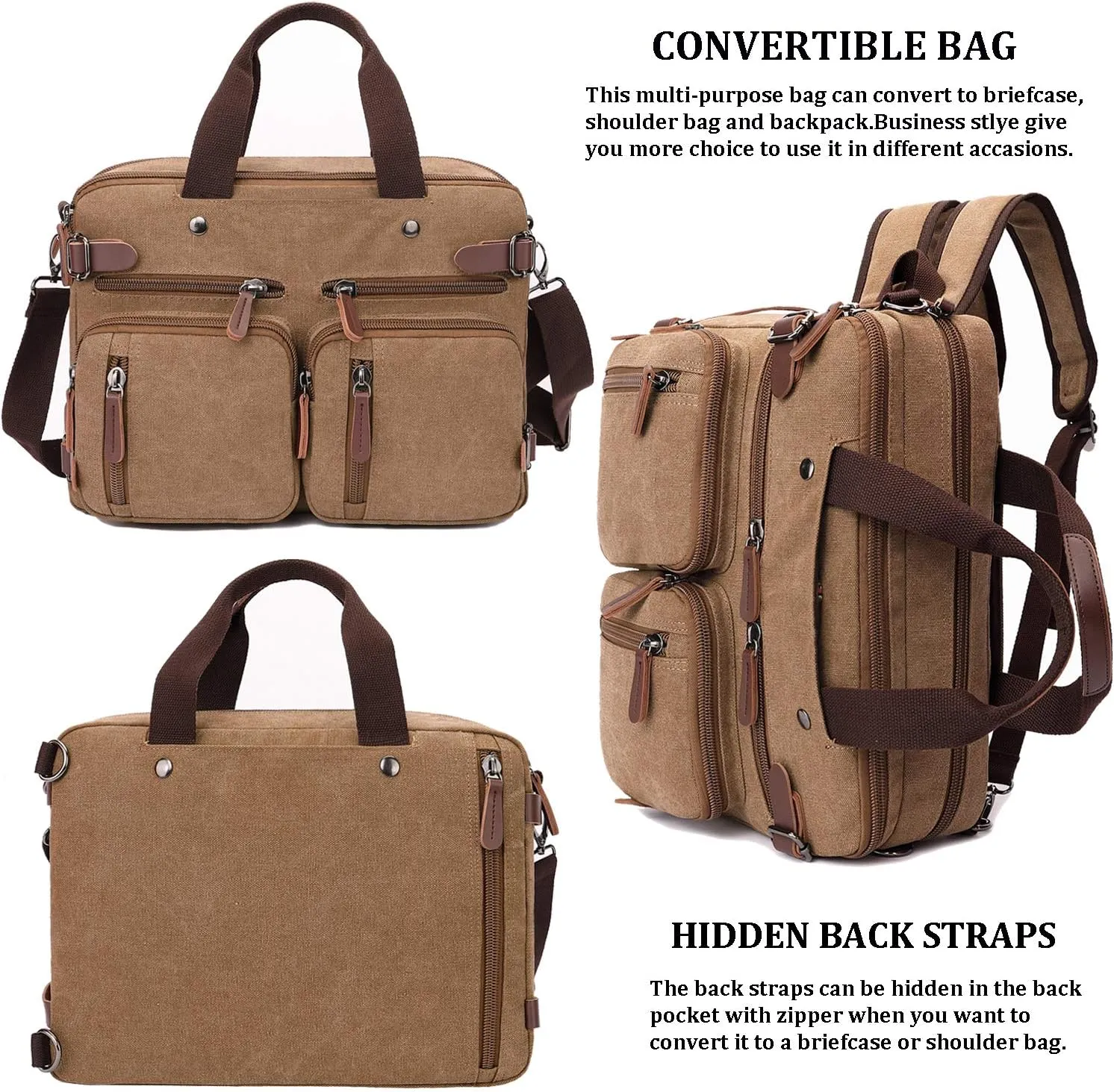 3 in 1 Convertible Laptop Backpack, 17.3 inch Messenger Bag for Men, Multi-Functional Travel Laptop Bag for College Men Women (17.3 Inch, Coffee)