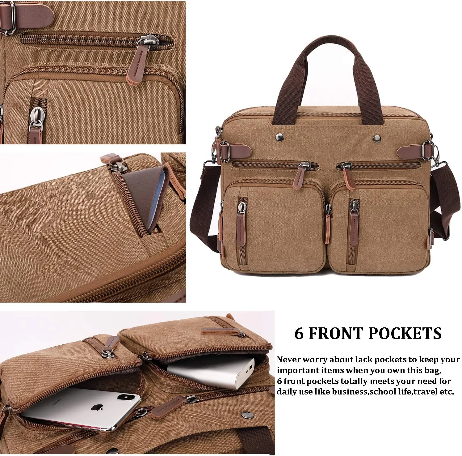 3 in 1 Convertible Laptop Backpack, 17.3 inch Messenger Bag for Men, Multi-Functional Travel Laptop Bag for College Men Women (17.3 Inch, Coffee)