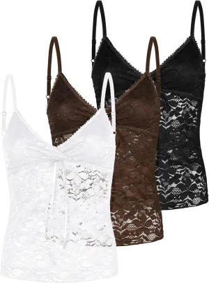 3 Pack Lace Classic Tank Top V Neck Smooth Cami Adjustable Straps Lace Tank Top Shapewear Cami for Women