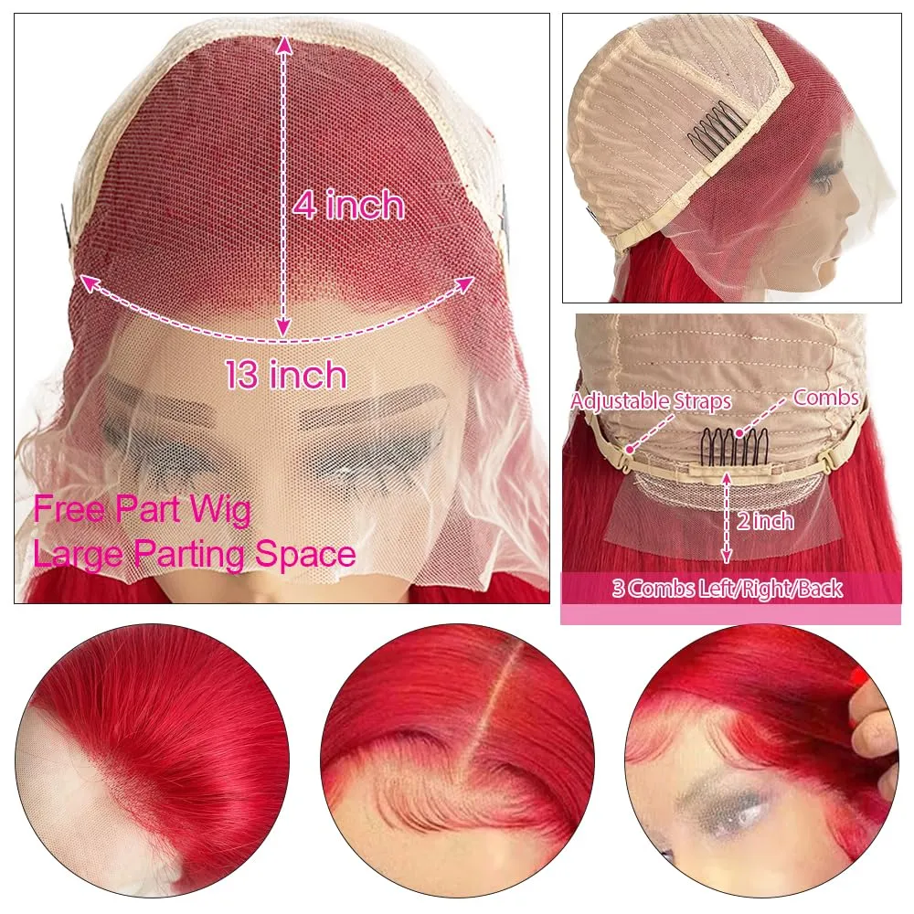 30 Inch 13x4 Lace Front Human Hair Wig for Black Women 180% Density Deep Parting HD Lace Frontal Pre Plucked Bright Red Colored Wig Tiny Knots Brazilian Virgin Raw Human Hair Wigs