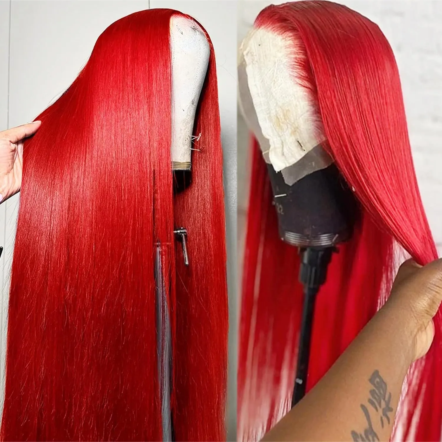 30 Inch 13x4 Lace Front Human Hair Wig for Black Women 180% Density Deep Parting HD Lace Frontal Pre Plucked Bright Red Colored Wig Tiny Knots Brazilian Virgin Raw Human Hair Wigs