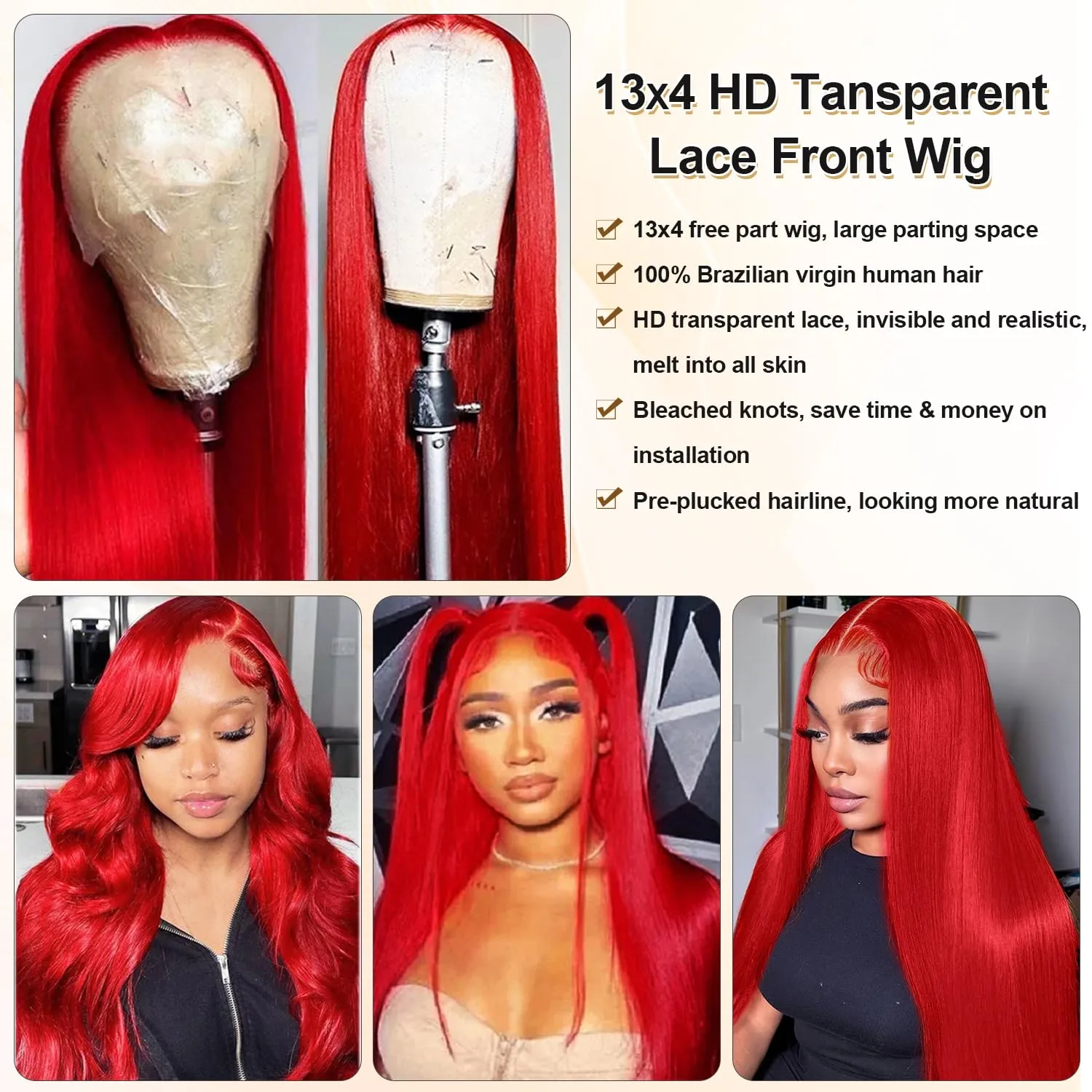 30 Inch 13x4 Lace Front Human Hair Wig for Black Women 180% Density Deep Parting HD Lace Frontal Pre Plucked Bright Red Colored Wig Tiny Knots Brazilian Virgin Raw Human Hair Wigs