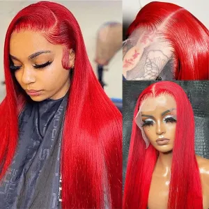 30 Inch 13x4 Lace Front Human Hair Wig for Black Women 180% Density Deep Parting HD Lace Frontal Pre Plucked Bright Red Colored Wig Tiny Knots Brazilian Virgin Raw Human Hair Wigs