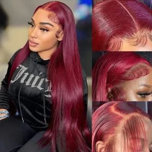 30 Inch 200 Density Burgundy Straight Lace Front Wigs 99J 13x6 HD Lace Frontal Red Wigs Pre Plucked Brazilian Virgin Human Hair Glueless Wigs for Women Natural Hairline
