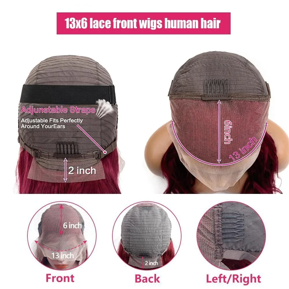 30 Inch 200 Density Burgundy Straight Lace Front Wigs 99J 13x6 HD Lace Frontal Red Wigs Pre Plucked Brazilian Virgin Human Hair Glueless Wigs for Women Natural Hairline