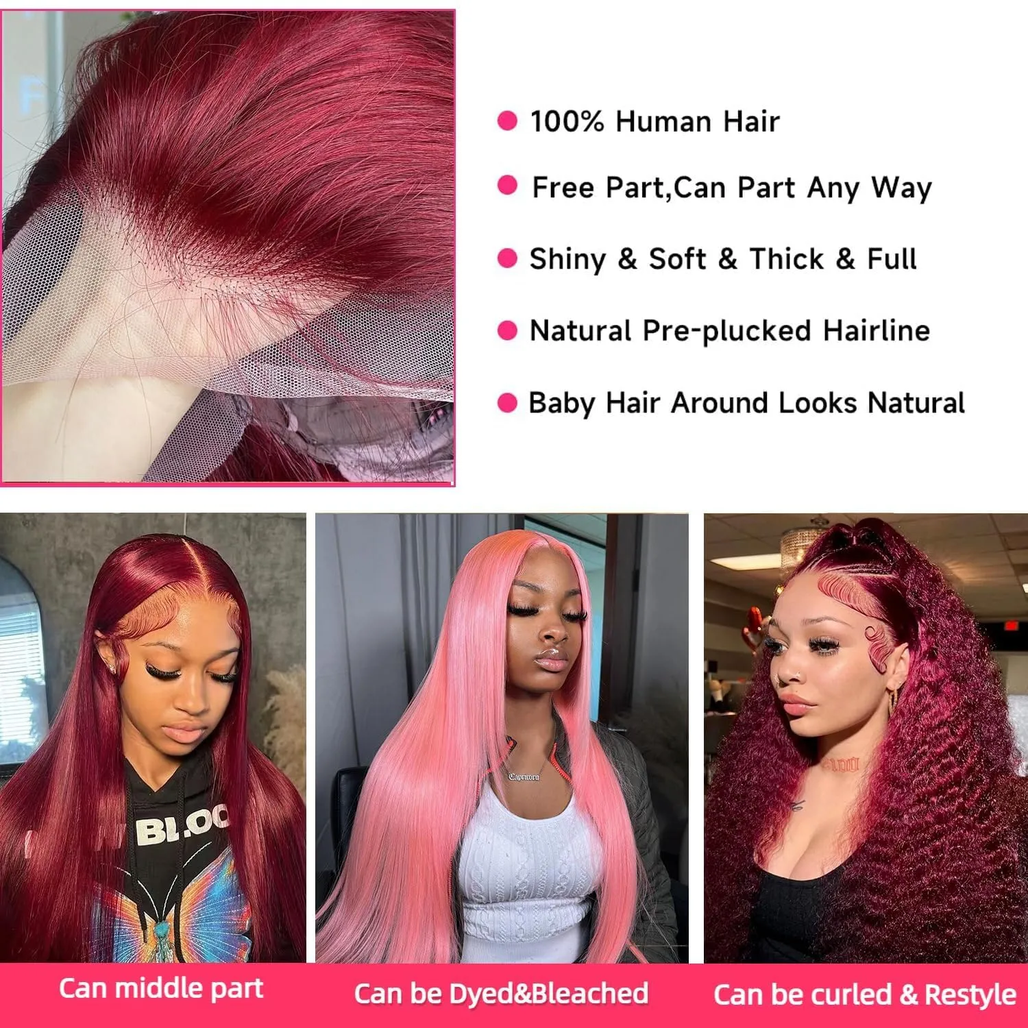 30 Inch 200 Density Burgundy Straight Lace Front Wigs 99J 13x6 HD Lace Frontal Red Wigs Pre Plucked Brazilian Virgin Human Hair Glueless Wigs for Women Natural Hairline