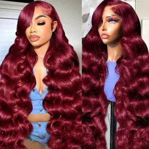 30 Inch 99J Burgundy Lace Front Wigs Human Hair 13x4 HD Body Wave Lace Front Wigs Human Hair Pre Plucked 180 Density Glueless Wigs Human Hair Wigs Red Wigs for Women