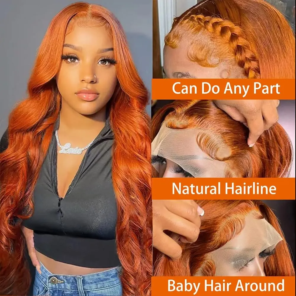 30 Inch Ginger Wig Human Hair Body Wave Ginger Orange 13X6 Lace Front Wigs Human Hair Pre Plucked 180 Density 350# Colored Glueless 13X6 HD Lace Frontal Wig Human Hair for Women