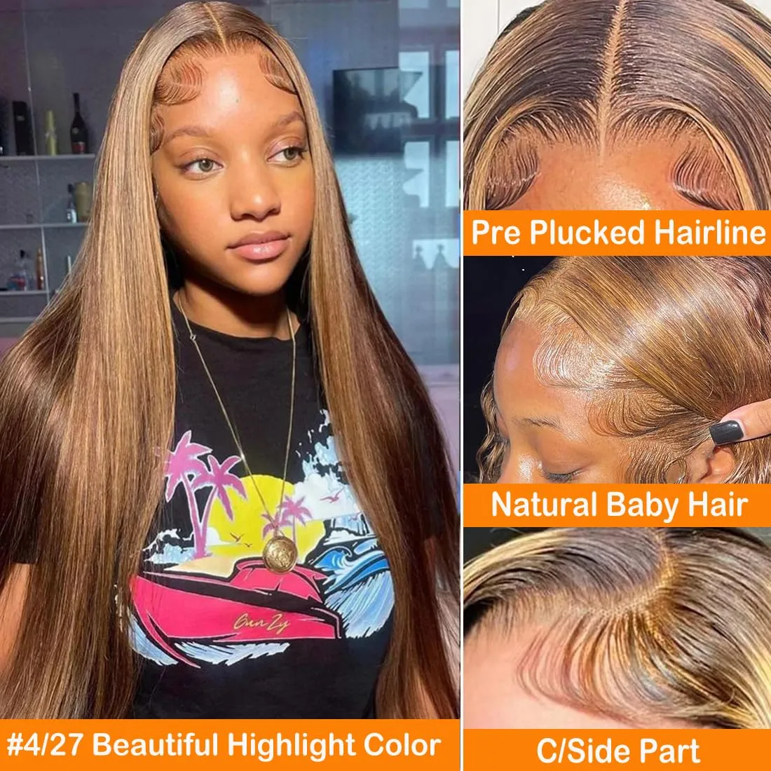 30 Inch Honey Blonde Ombre Lace Front Wig Human Hair 180% Density 13x4 Highlight Lace Front Wigs Human Hair Pre Plucked 4/27 Straight HD Lace Frontal Wig Human Hair for Women with Baby Hair