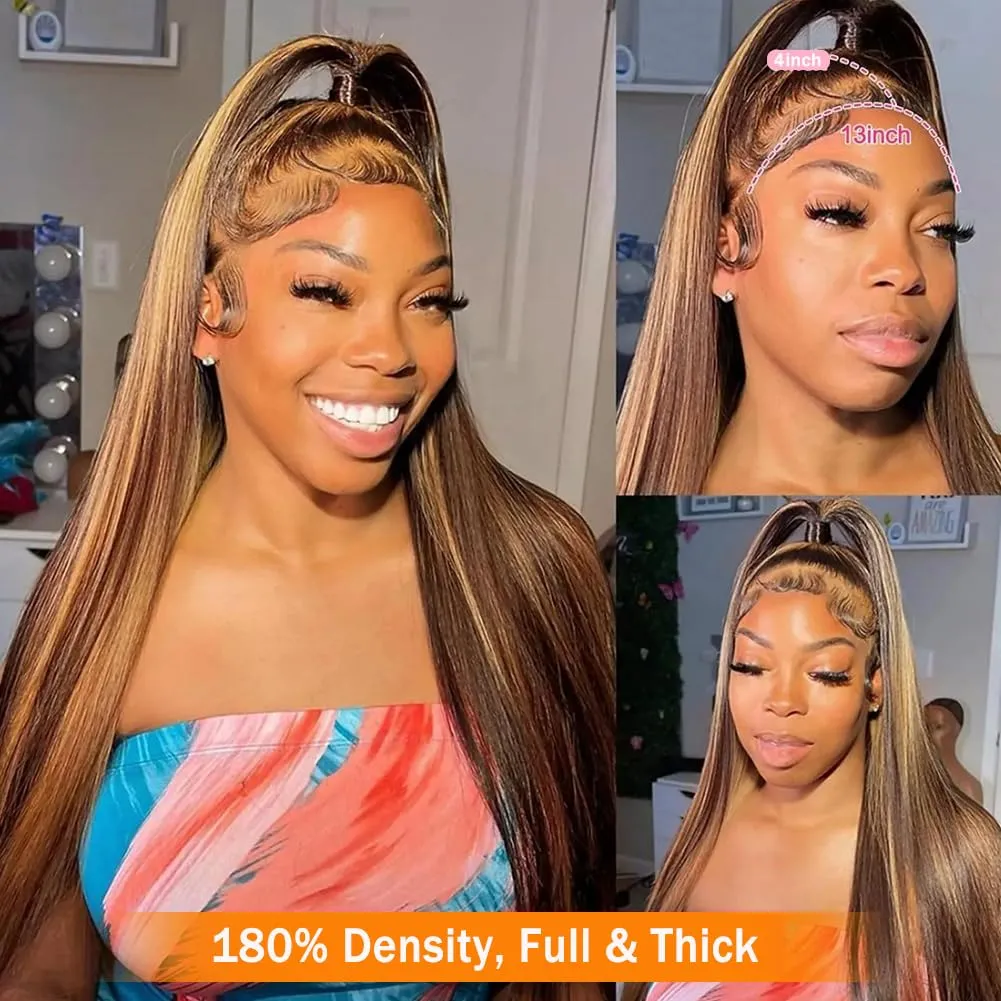 30 Inch Honey Blonde Ombre Lace Front Wig Human Hair 180% Density 13x4 Highlight Lace Front Wigs Human Hair Pre Plucked 4/27 Straight HD Lace Frontal Wig Human Hair for Women with Baby Hair