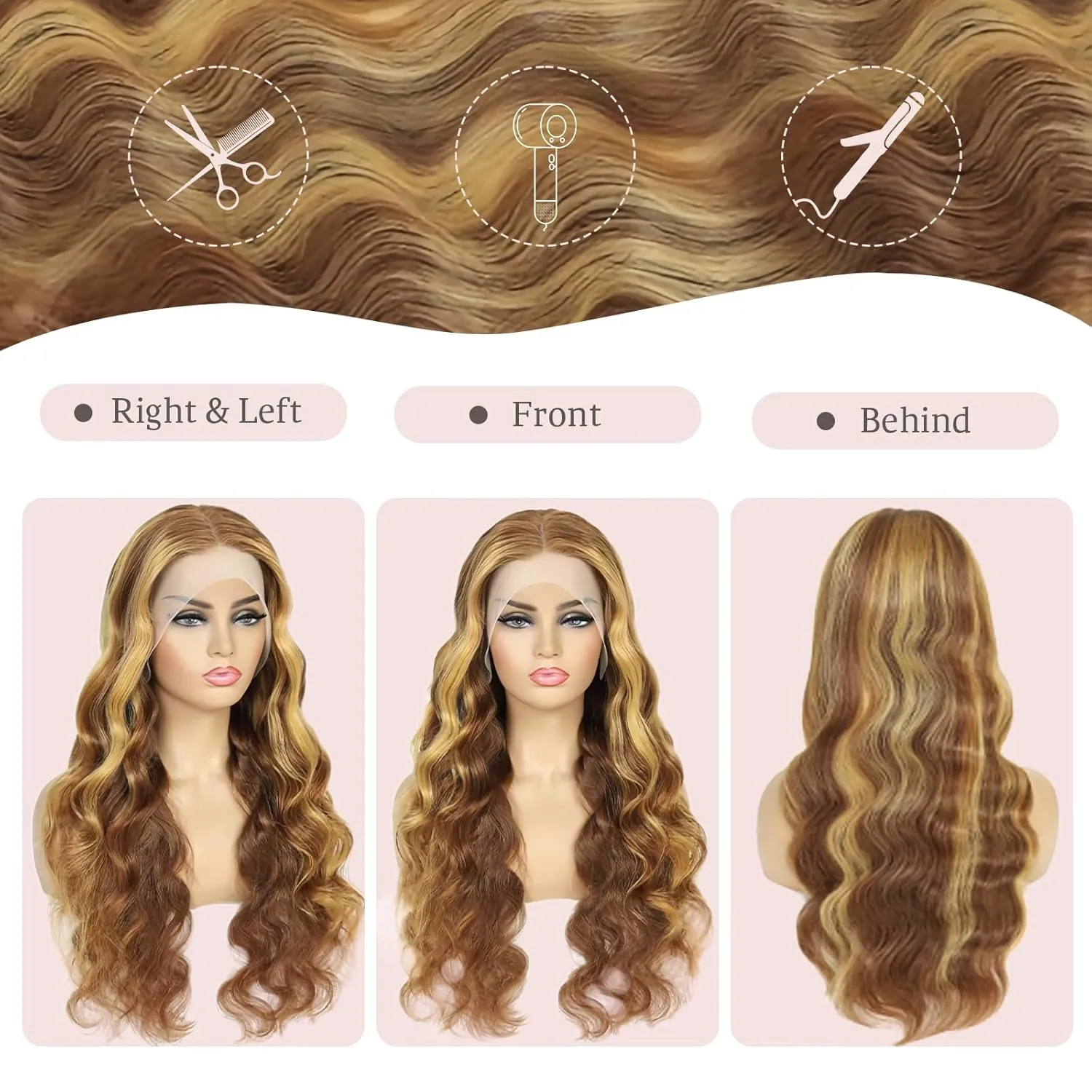 30 Inch Ombre Highlight Lace Front Wig Human Hair 200 Density Body Wave 13x4 HD Lace Front Wigs Human Hair Pre Plucked with Baby Hair 4/27 Honey Blonde Frontal Wig Real Hair Wigs for Women