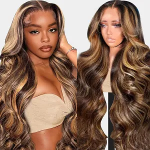 30 Inch Ombre Highlight Lace Front Wig Human Hair 200 Density Body Wave 13x4 HD Lace Front Wigs Human Hair Pre Plucked with Baby Hair 4/27 Honey Blonde Frontal Wig Real Hair Wigs for Women
