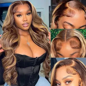 30 Inch Ombre Lace Front Wig Human Hair Wig Highlight 13x6 Body Wave Lace Front Wigs 180% Density 4/27 Colored Honey Blonde HD Frontal Wigs for Women Glueless Wigs Human Hair