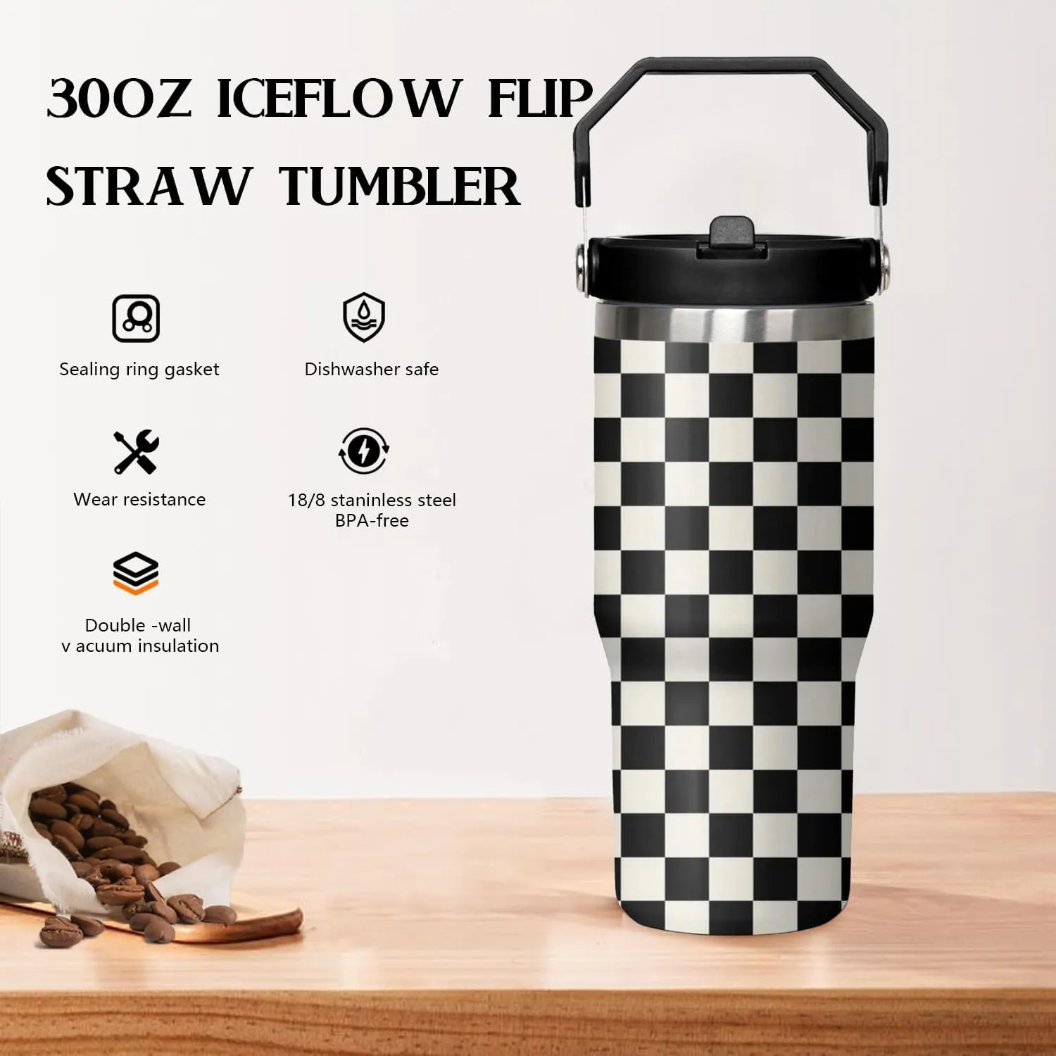 30 Oz Black and white Checkered FlipTumbler with Handle Lid and Straw, Checkered Tumbler Water Bottle Travel Coffee Cup Mug,Checkered Gifts for Women Men
