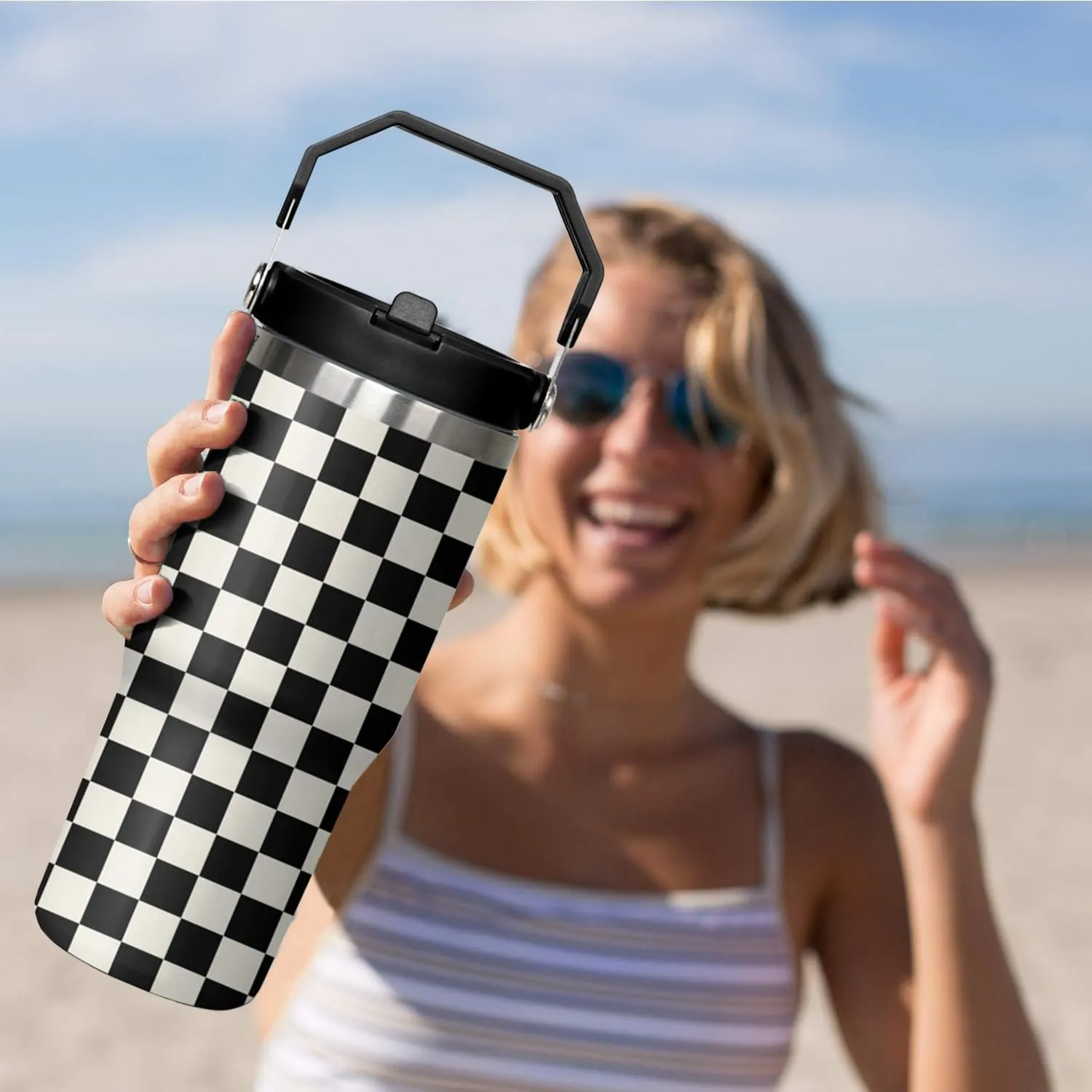 30 Oz Black and white Checkered FlipTumbler with Handle Lid and Straw, Checkered Tumbler Water Bottle Travel Coffee Cup Mug,Checkered Gifts for Women Men