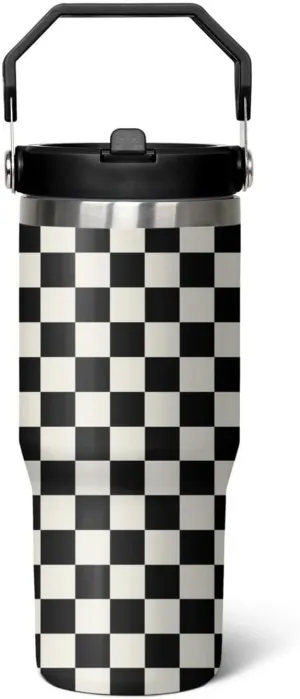 30 Oz Black and white Checkered FlipTumbler with Handle Lid and Straw, Checkered Tumbler Water Bottle Travel Coffee Cup Mug,Checkered Gifts for Women Men
