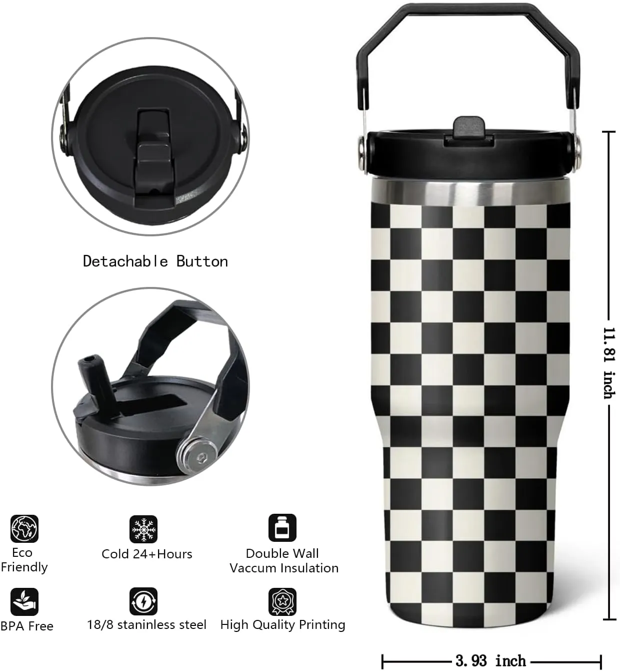30 Oz Black and white Checkered FlipTumbler with Handle Lid and Straw, Checkered Tumbler Water Bottle Travel Coffee Cup Mug,Checkered Gifts for Women Men