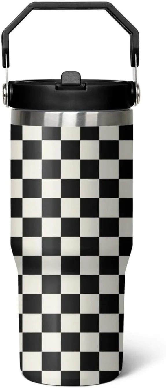 30 Oz Black and white Checkered FlipTumbler with Handle Lid and Straw, Checkered Tumbler Water Bottle Travel Coffee Cup Mug,Checkered Gifts for Women Men