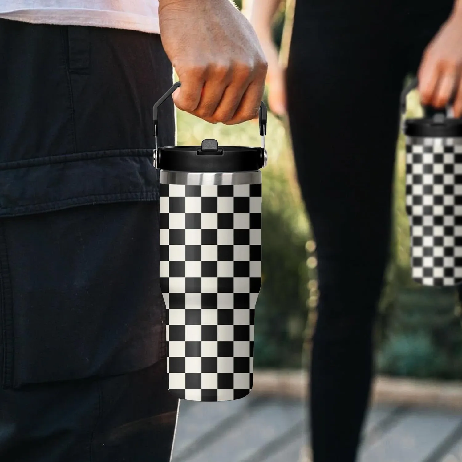 30 Oz Black and white Checkered FlipTumbler with Handle Lid and Straw, Checkered Tumbler Water Bottle Travel Coffee Cup Mug,Checkered Gifts for Women Men