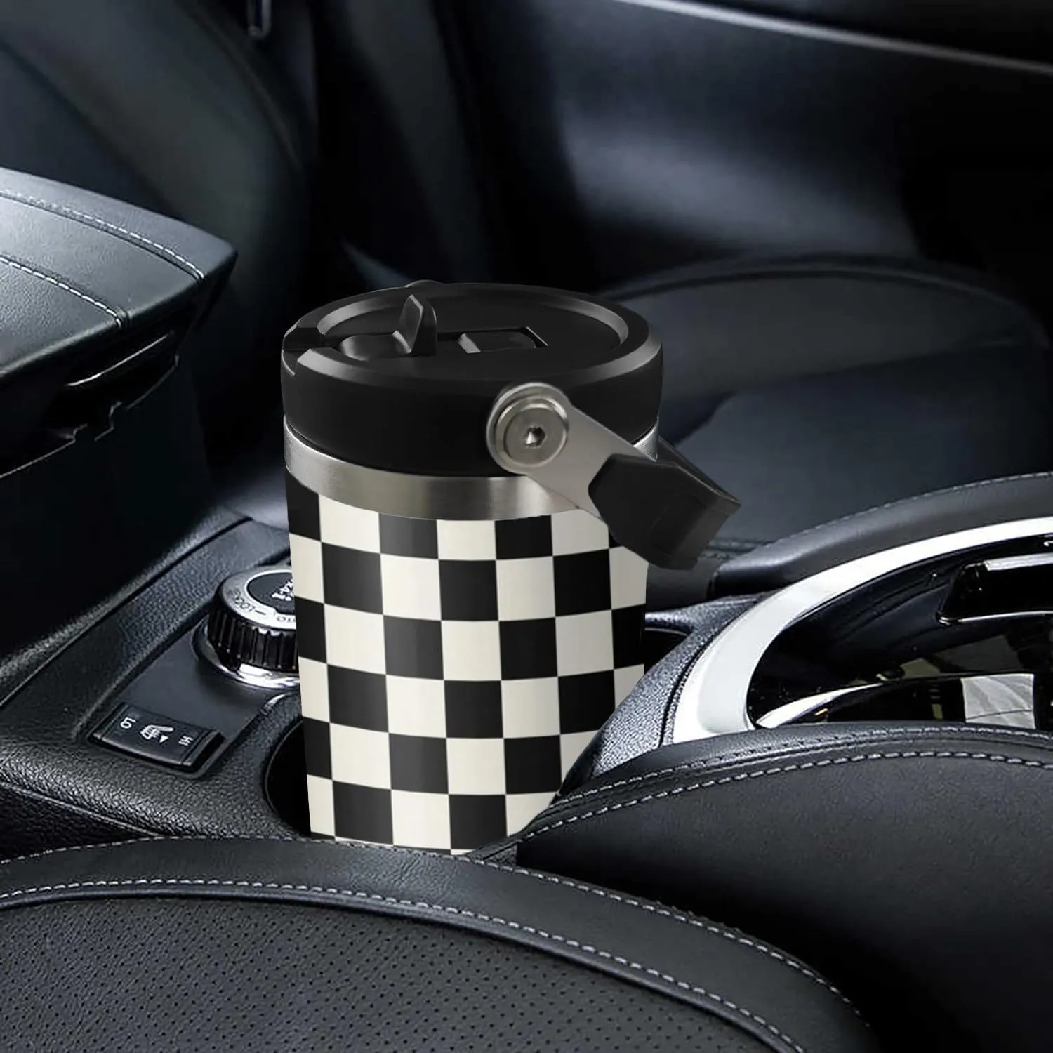 30 Oz Black and white Checkered FlipTumbler with Handle Lid and Straw, Checkered Tumbler Water Bottle Travel Coffee Cup Mug,Checkered Gifts for Women Men