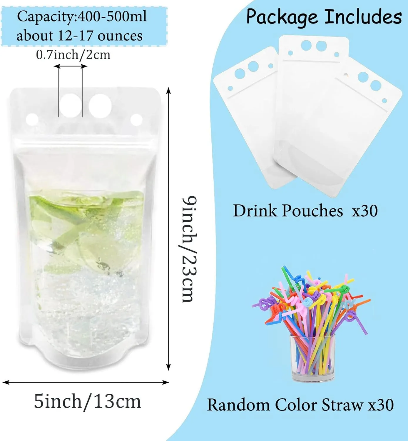 30 PCS Drink Pouches Bags with 30 Disposable Plastic Straws, Hand-held Frosted Translucent Reclosable Zipper Drink Bags Heat-Proof Bag Bottom Gusset