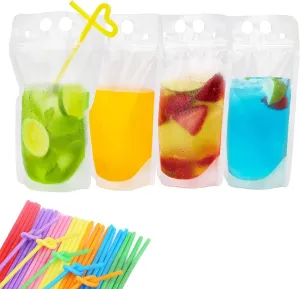 30 PCS Drink Pouches Bags with 30 Disposable Plastic Straws, Hand-held Frosted Translucent Reclosable Zipper Drink Bags Heat-Proof Bag Bottom Gusset