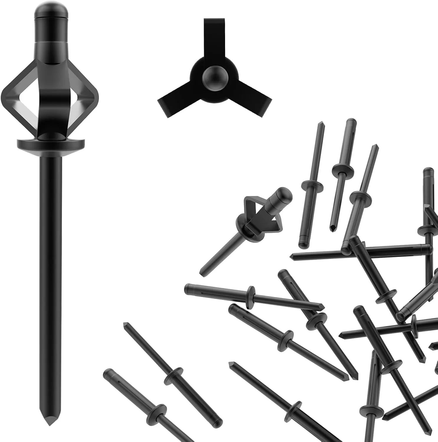 3/16" x 1" Tri-Fold Exploding Pop Rivets, 100 Pcs All Black Long Tri Grip Rivets, Solid Aluminum Blind Rivets for Metal Leather Rivets for Kayak Marine Boat
