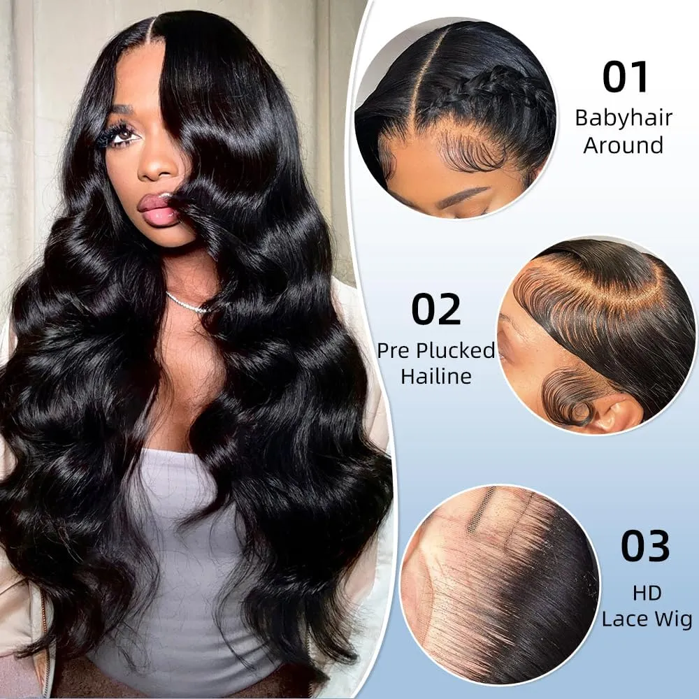 32 Inch 13x6 Lace Front Wigs Human Hair 200% Density Body Wave Lace Frontal Wigs Human hair Pre Plucked with Baby Hair Real Wig Human Hair Lace Front Wigs for Women Natural Color