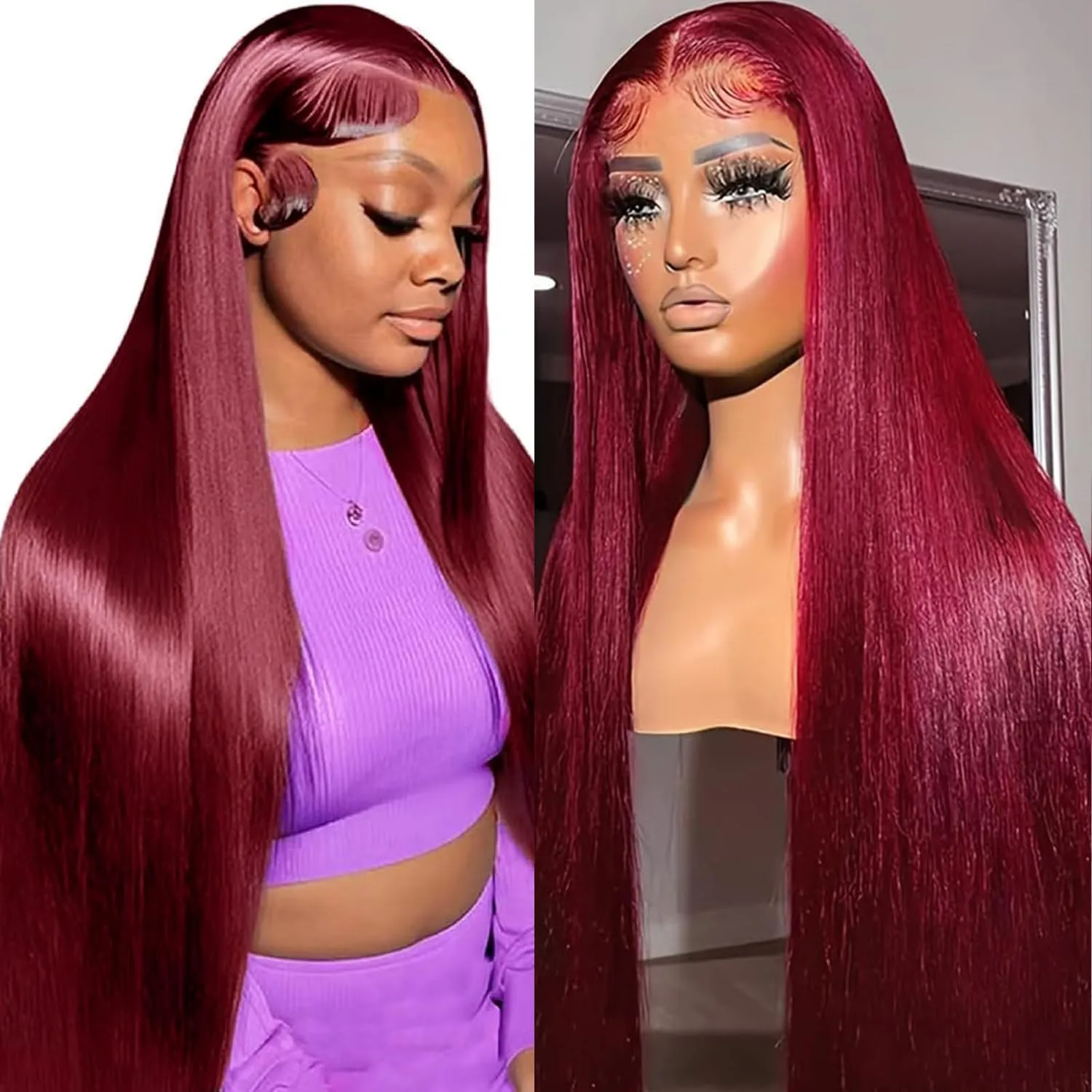 34 Inch 99J Burgundy Lace Front Wigs Human Hair 200% Density 13x6 Straight Lace Front Wigs Human Hair Pre Plucked Red Lace Frontal Wig for Women Glueless Human Hair Wig Pre Plucked with Baby Hair