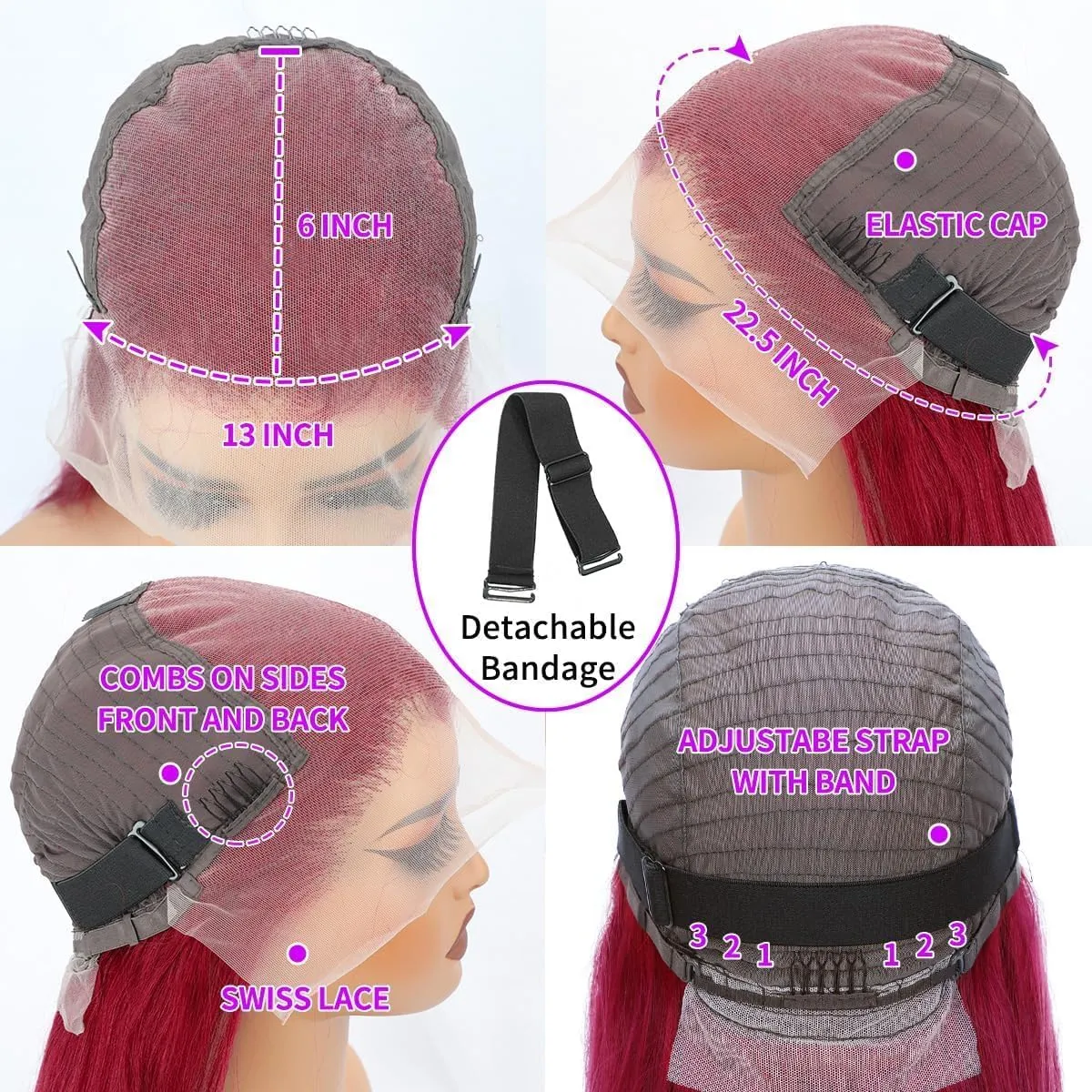 34 Inch 99J Burgundy Lace Front Wigs Human Hair 200% Density 13x6 Straight Lace Front Wigs Human Hair Pre Plucked Red Lace Frontal Wig for Women Glueless Human Hair Wig Pre Plucked with Baby Hair