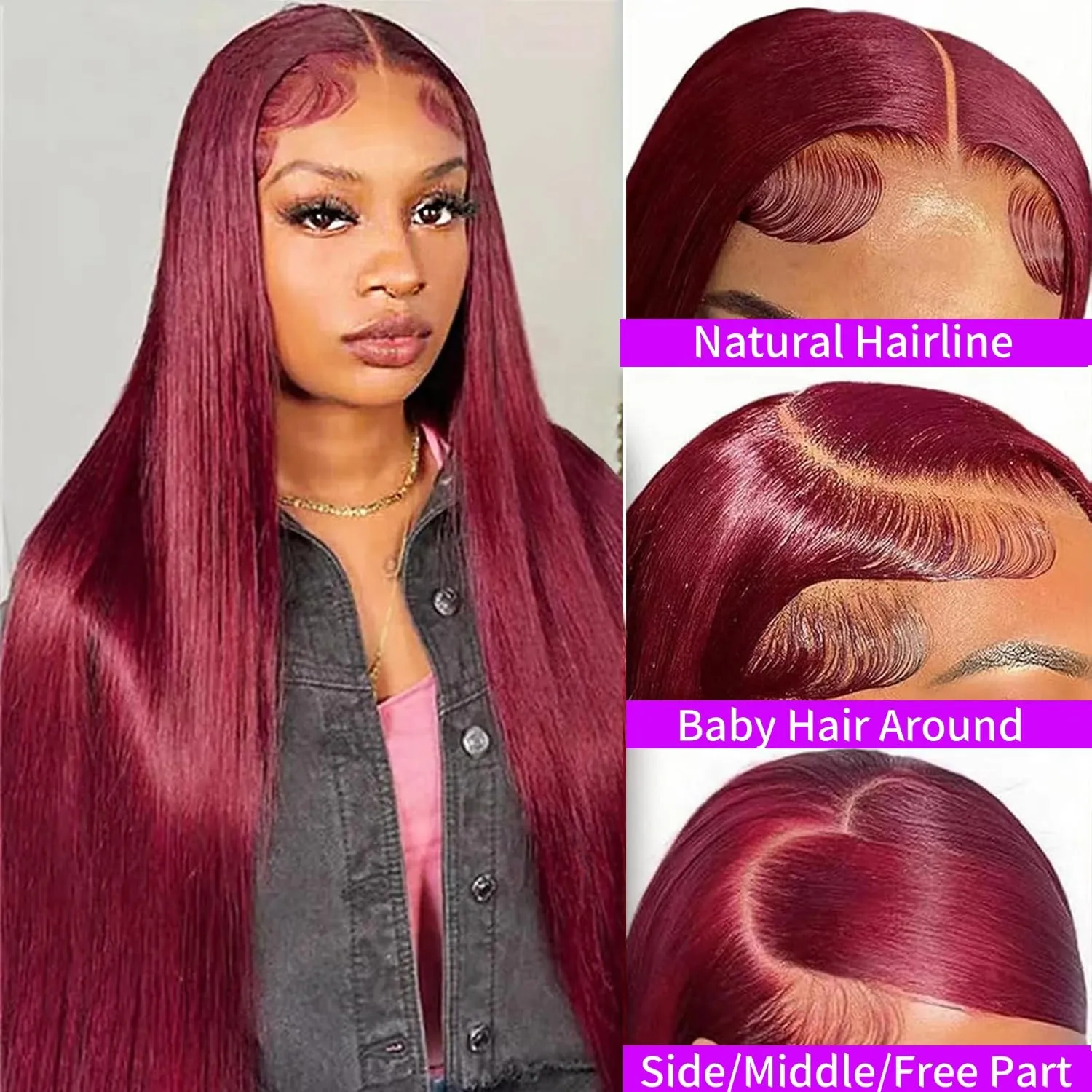 34 Inch 99J Burgundy Lace Front Wigs Human Hair 200% Density 13x6 Straight Lace Front Wigs Human Hair Pre Plucked Red Lace Frontal Wig for Women Glueless Human Hair Wig Pre Plucked with Baby Hair