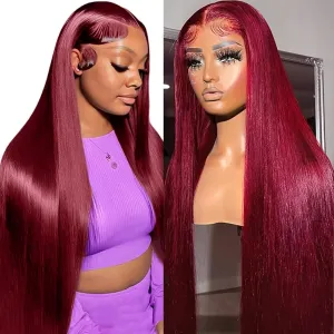 34 Inch 99J Burgundy Lace Front Wigs Human Hair 200% Density 13x6 Straight Lace Front Wigs Human Hair Pre Plucked Red Lace Frontal Wig for Women Glueless Human Hair Wig Pre Plucked with Baby Hair