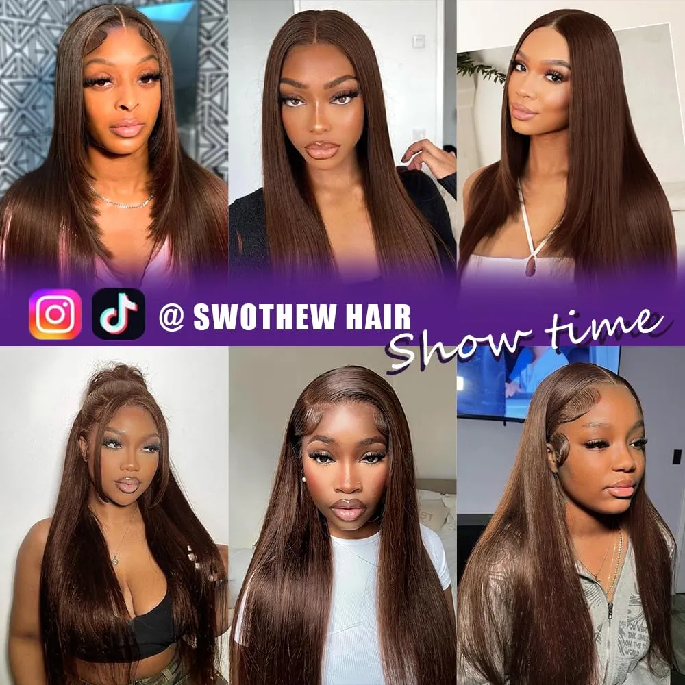 34 Inch Chocolate Brown Lace Front Wig Human Hair 200 Density 13x6 Transparent HD Straight Lace Front Wigs Human Hair Pre Plucked Colored Frontal Wigs Human Hair Brown Wig Human Hair Wigs for Women