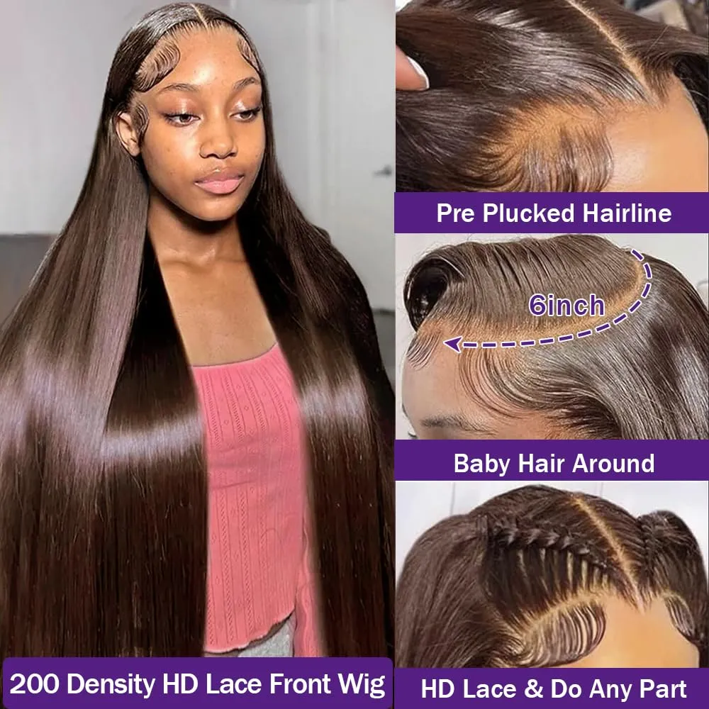 34 Inch Chocolate Brown Lace Front Wig Human Hair 200 Density 13x6 Transparent HD Straight Lace Front Wigs Human Hair Pre Plucked Colored Frontal Wigs Human Hair Brown Wig Human Hair Wigs for Women